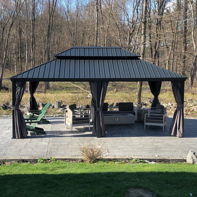 Pavillon de jardin permanent en aluminium 14 po x 20 po avec toit double en acier galvanisé pour terrasse et jardin, rideaux et filet inclus, gris