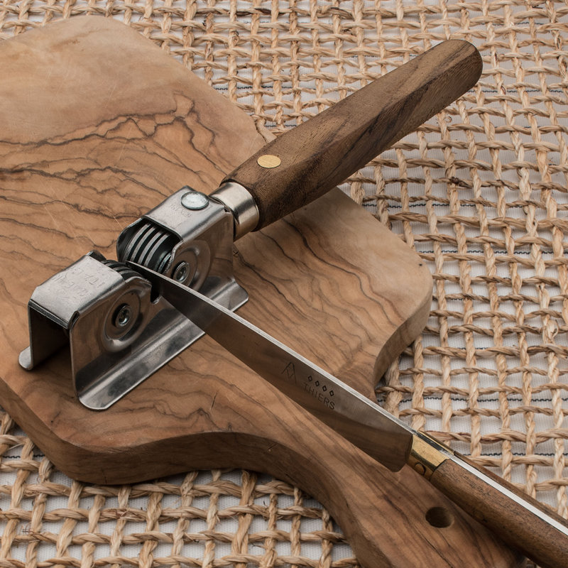 Knife Sharpener - Handheld Manual Sharpening Tool for Fixed Blades, Pocketknives, and Kitchen Knives - Blade Sharpener with Rotating Steel Sharpening Discs and Bubinga Handle by Kings County Tools