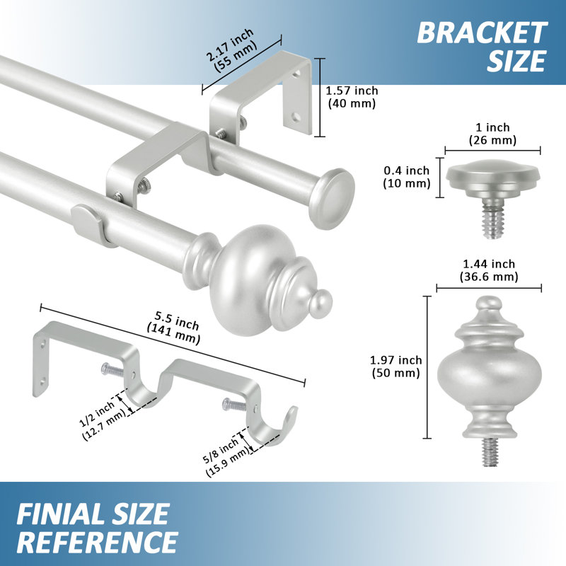 Tringle à rideaux double réglable Platteville, H 0,625 po x l 120 po x P 0,625 po, Étain