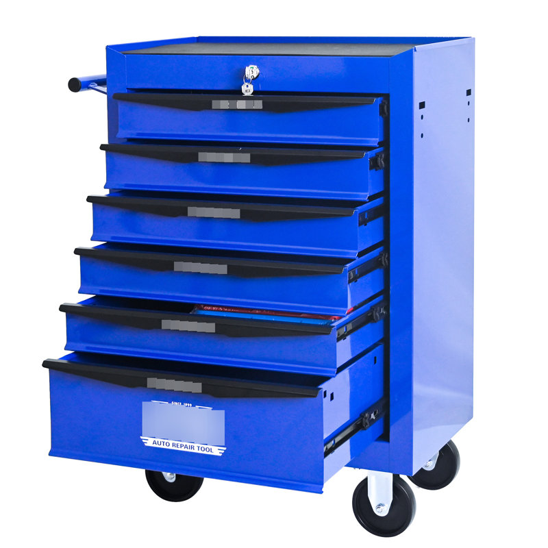Armoire 6 coffres à outils bleu, taille 20 po, glissières de tiroir à roulement, 4 roues, verrouillable, chariot d'atelier à poignée à tirer, fabrication en acier, + tiroirs, serrure à clé