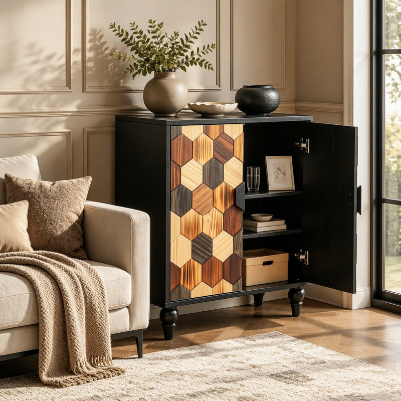 Buffet 30,31 "avec motif en nid d'abeille, armoire d'appoint moderne, Noir antique