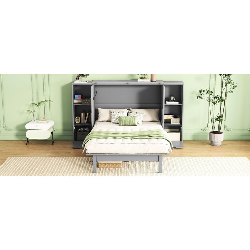 Grand lit gris avec rangement, tiroirs et tablettes, Gris, Grand lit