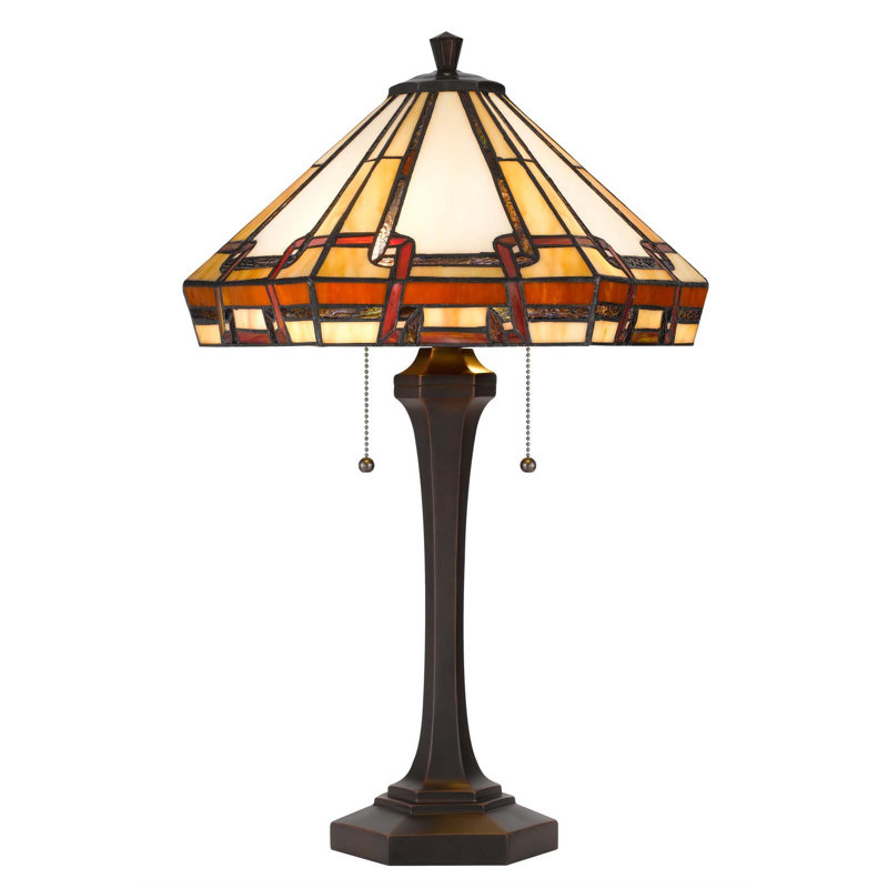 Lampe de table Tiffany de 62 cm de hauteur avec abat-jour rond en vitrail, corps en résine, double chaînette, finition bronze foncé, douille E26, 2 x 60 W