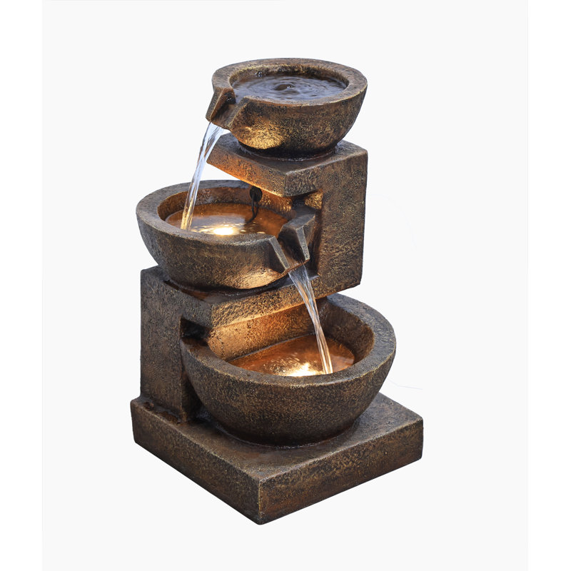 Weather Resistant Floor Table Top Fountain with Lights, Brown, 24" H x 14" W x 14" D