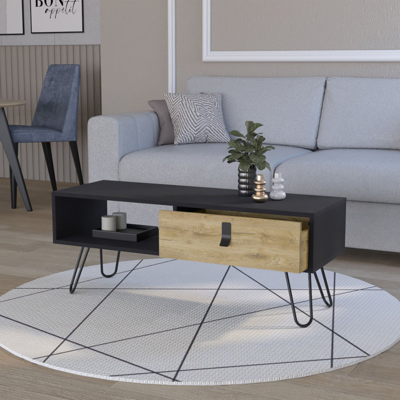 Table basse Kimball avec tiroir et pieds en épingle à cheveux, table