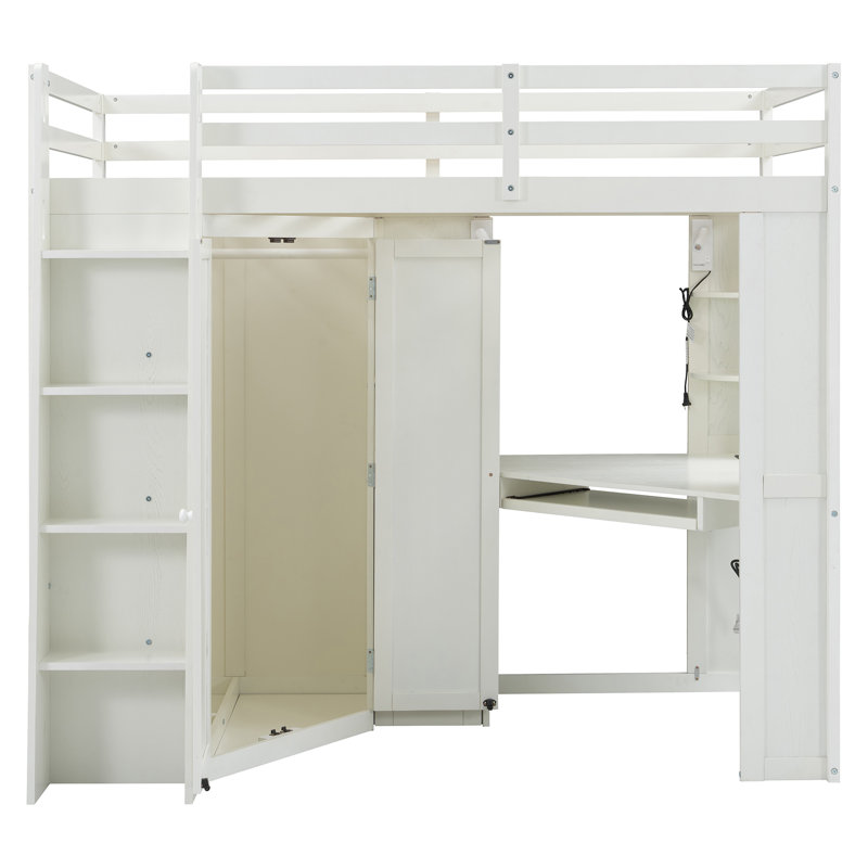 Lit blanc beige peu encombrant avec garde-robe en bois, bureau et design moderne