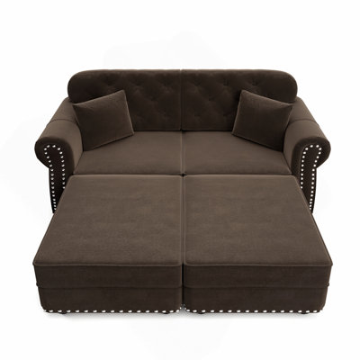 Canapé Chesterfield de 63 po en velours avec garniture cloutée et accoudoirs roulés, canapé de style Mid-Century moderne capitonné avec boutons, brun