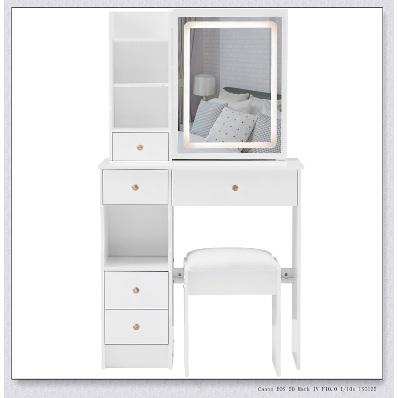 Compact 29.2-Inch Vanity Table With Sliding Drawer, Touch-Control LED Mirror, And Padded Stool For Small Spaces, White