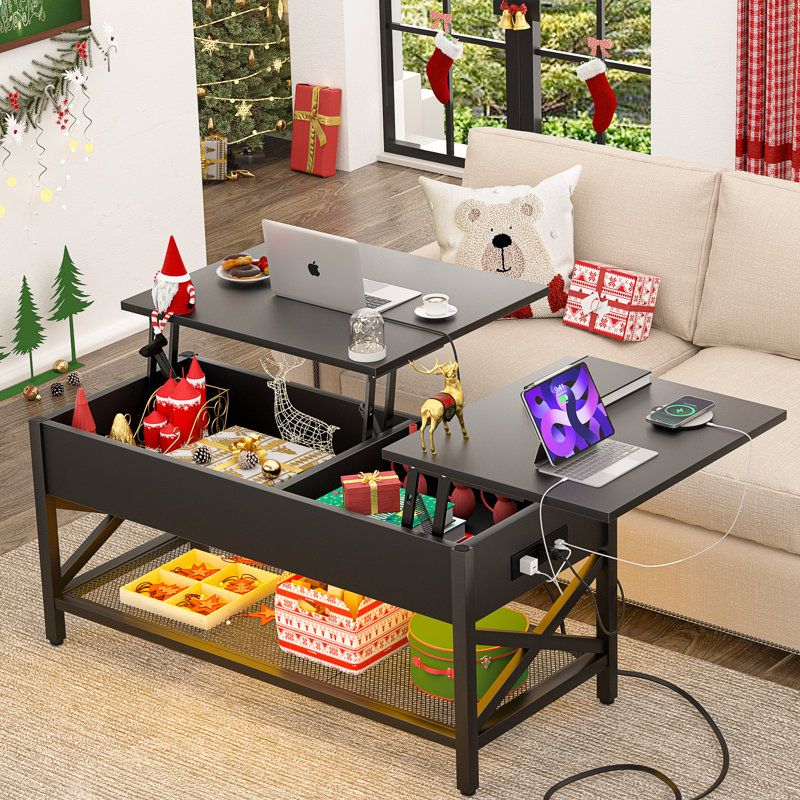 Table basse à plateau relevable simple avec rangement Bagga, Noir, noir, noir, noir