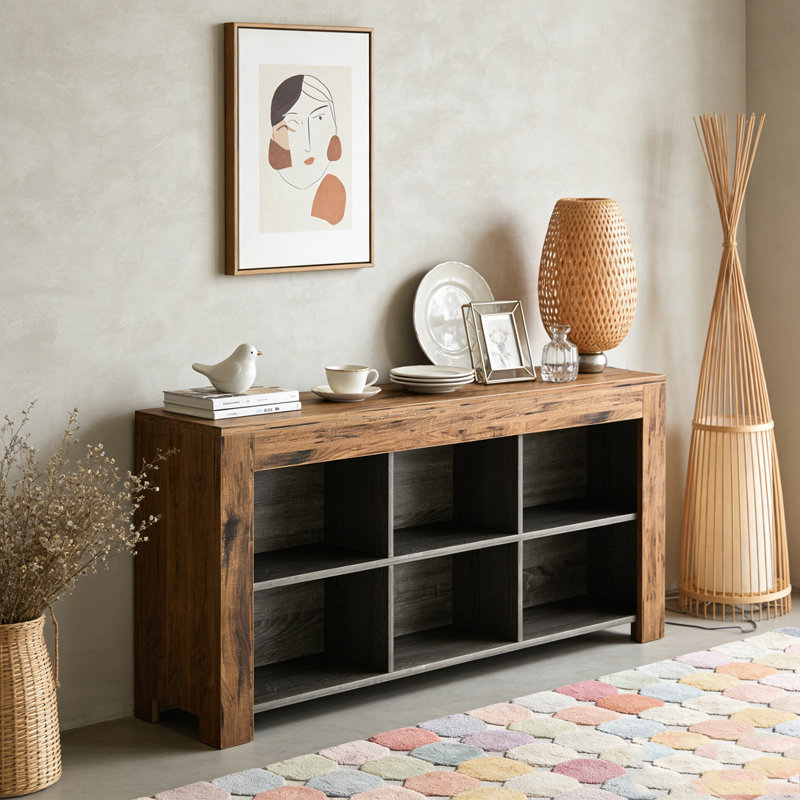 Wood Sofa Table, Rustic Console Table Entryway Table with 6 Storage Cubes