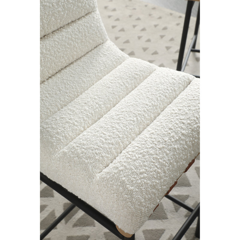 Stylish White Counter Height Chair With Boucle Fabric And Pu Leather Straps Cognac Detailing Black Iron Leg