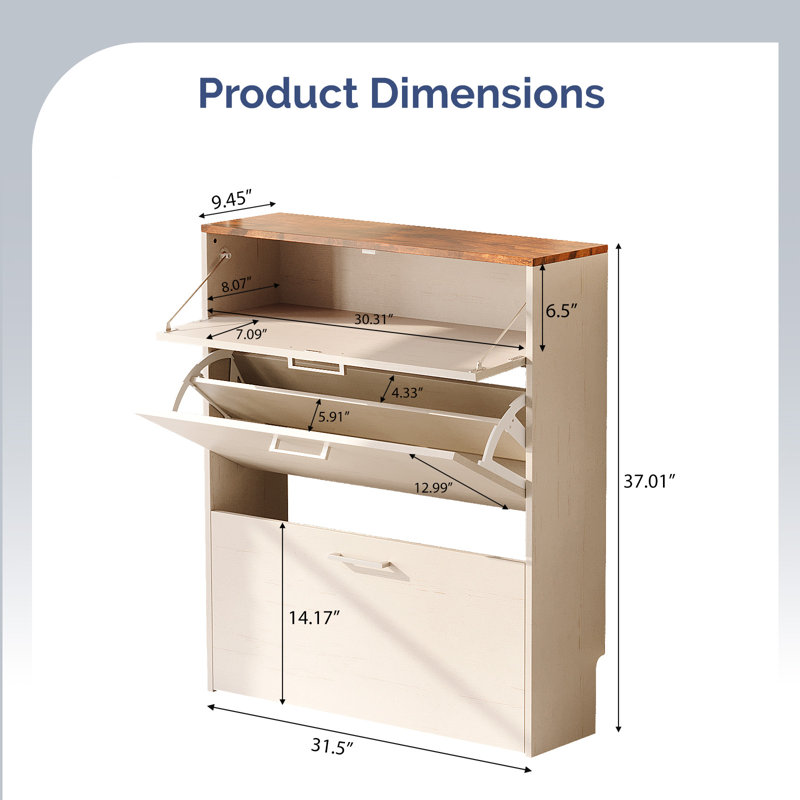 31" W 2-Flip Drawer 1-Drawer Shoe Cabinet, Washed White