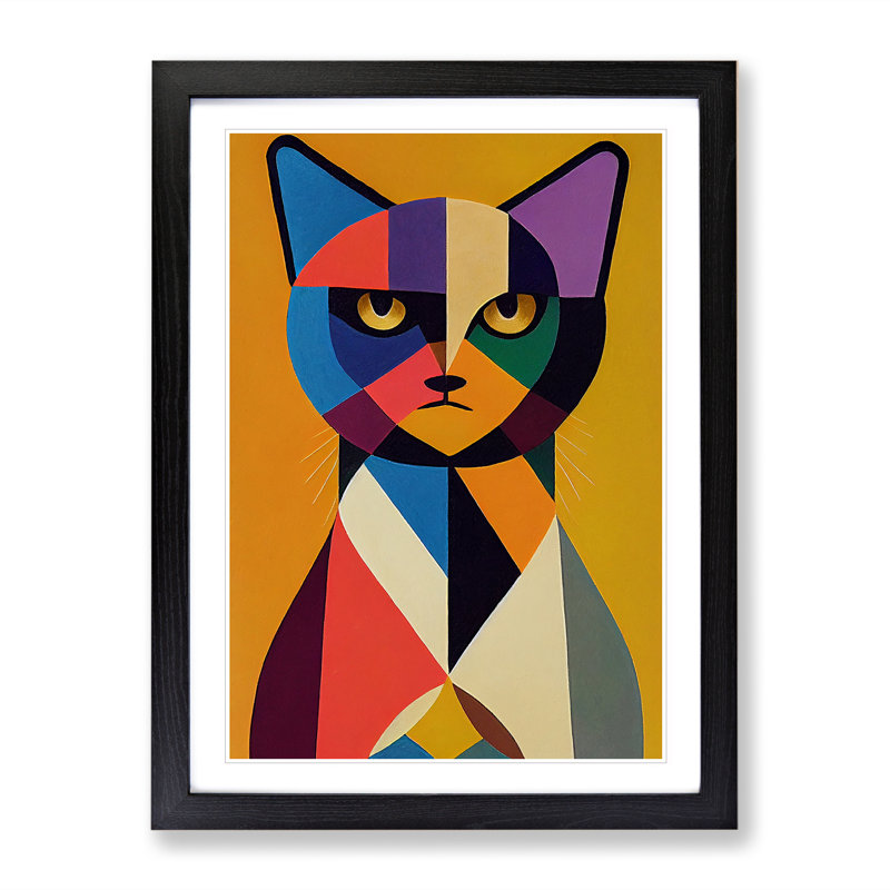 Geometric Cat No.4 Abstract - Single Picture Frame Print, 64cm H x 46cm W x 2cm D, Black 