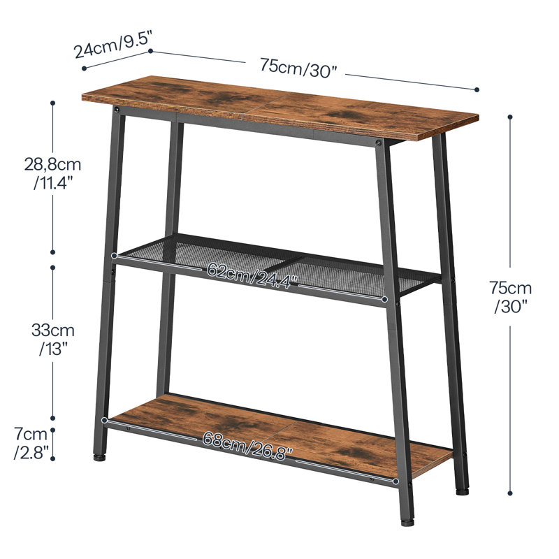 3-Tier Console Table with Open Storage Shelves, Rustic Brown