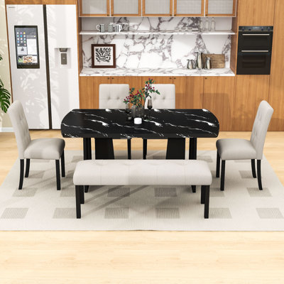 Ensemble de salle à manger élégant 6 pièces avec pieds en bois, banc et chaises capitonnées