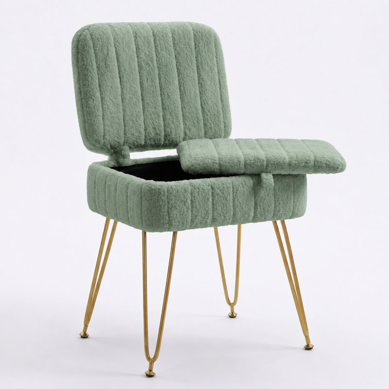 Tabouret de coiffeuse rembourré avec rangement et dossier pliant, Vert
