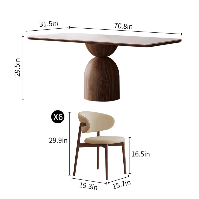 Ensemble de table de salle à manger Ash, H 29,5 po x L 70,8 po x l 31,5 po, 7 pièces : table, 6 chaises