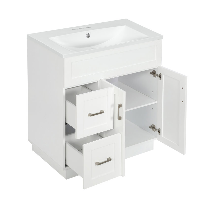 Meuble-lavabo moderne de 30 pouces avec lavabo intégré, armoire à 2 portes et 2 tiroirs avec tablette réglable et quincaillerie silencieuse