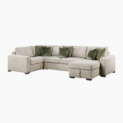 Mischa 140" Modern & Contemporary Microfiber 4-Piece Sectional Sofa with Pull-Out Bed, Reversible Chaise & 8 Décor Pillows