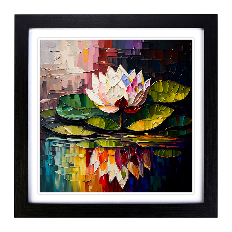 Lotus Flower Palette Knife Painting No.1 - Single Picture Frame Print on Wood, Black