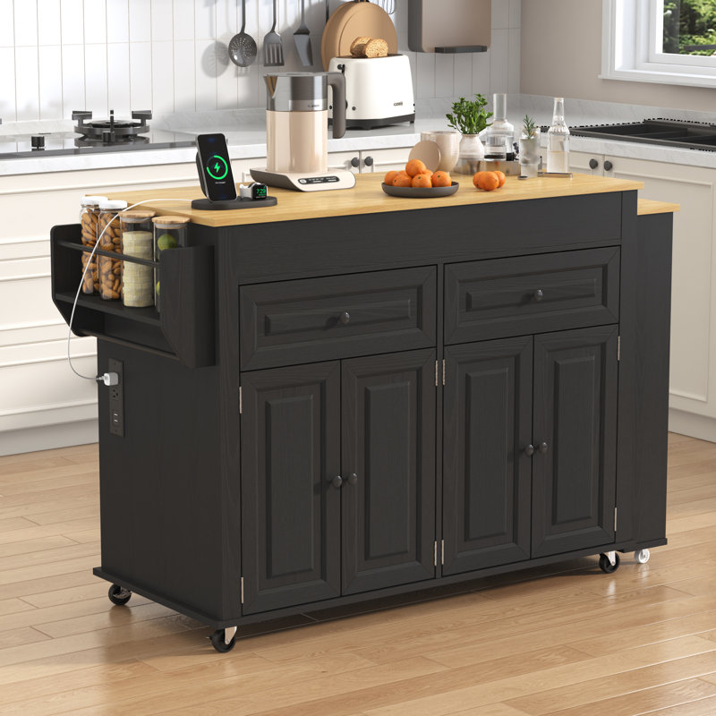80.63" Extendable Kitchen Island With Power Outlet, 2 Storage Drawers, Open Shelves, Black