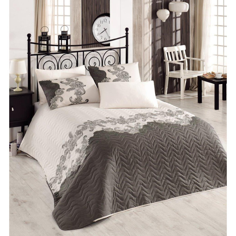 Ensemble de couvre-lit 3 pièces en mélange de coton beige / gris Bellair