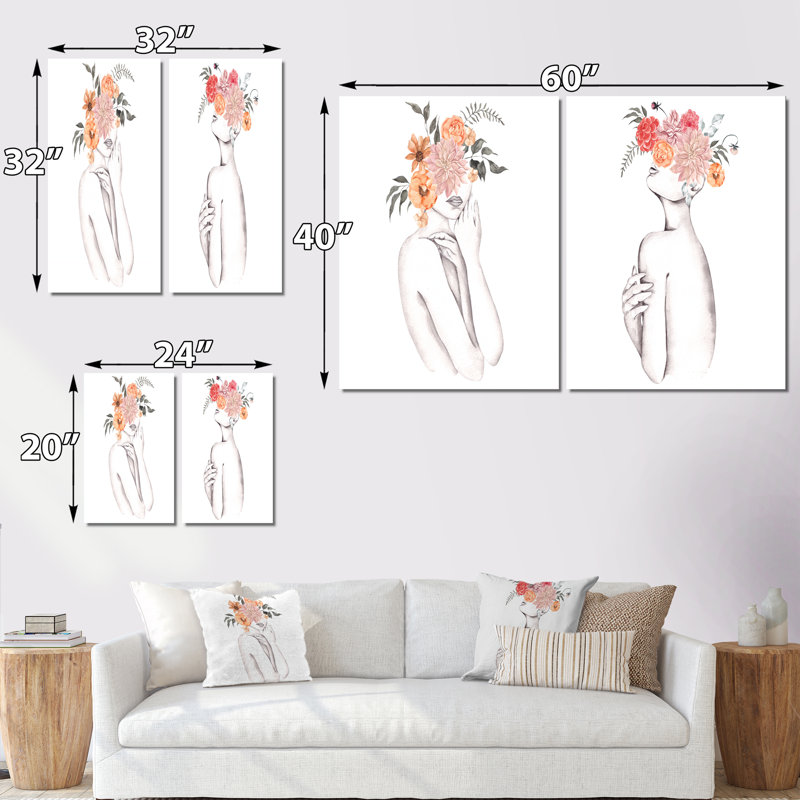 Silhouette de femme avec fleurs rouges et mauves, ensemble de 2 pièces glamour, H 36 po x l 48 po x P 1 po