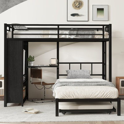 Lit simple superposé simple avec garde-robe intégré, lit superposé en métal avec lit gigogne, bureau pliable, échelles, conception à bruit réduit, noir
