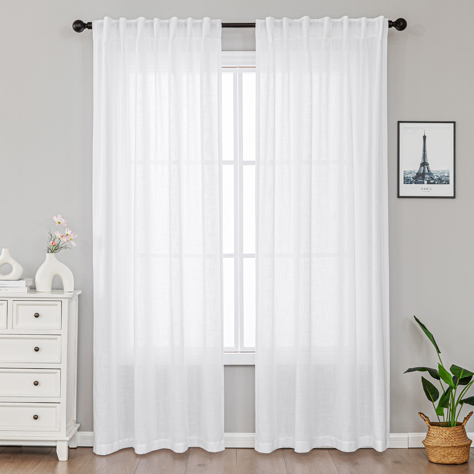 Toyoko Semi-Sheer Linen Blend Curtain Set, 52" W x 72" L, White