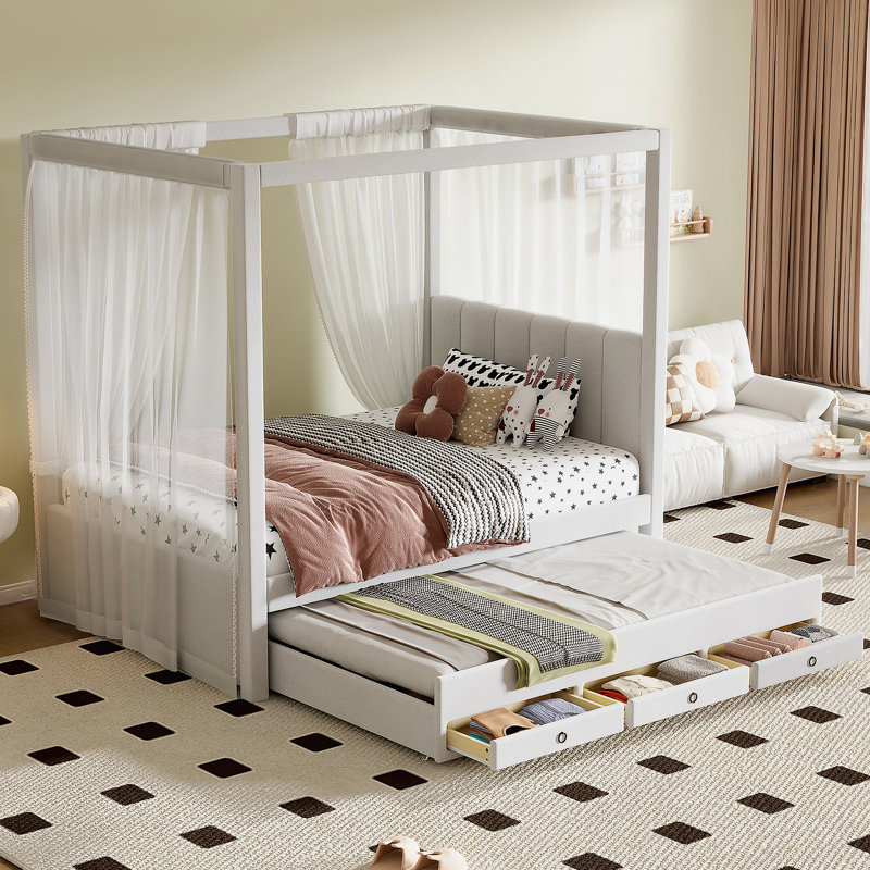  Lit plateforme à baldaquin avec gigogne et trois tiroirs de rangement, beige, Lit simple