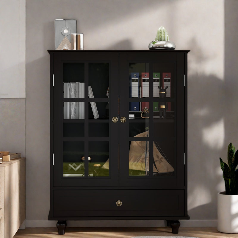 Sideboard With Double Glass Doors And Drawer, Black