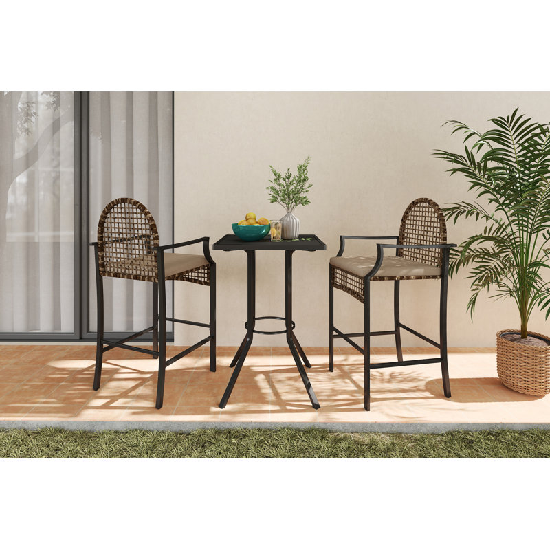 3 - Piece Outdoor Dining Set With Cushions, Patio Pe Wicker Bar Stool And Bistro Bar Table With Metal Frame, Farmhouse Conversation Set For Porch/Yard/Poolside/Cafe