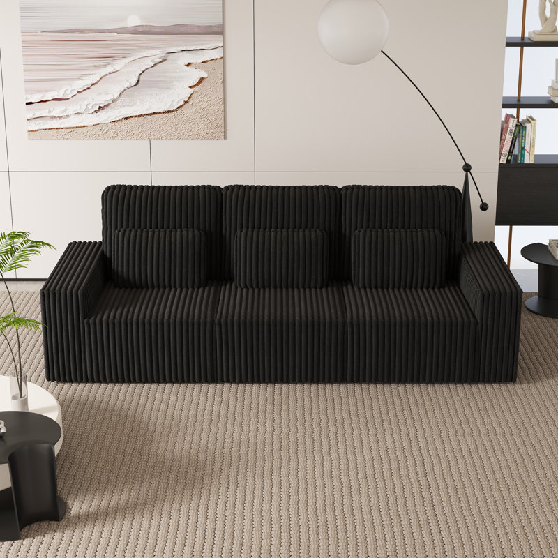 Canapé rembourré 3 places moderne en velours côtelé avec 3 coussins décoratifs modernes, Noir