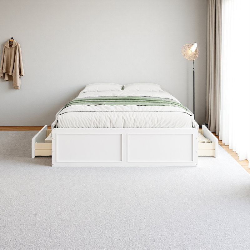Structure de lit plateforme en bois avec 6 tiroirs, Blanc