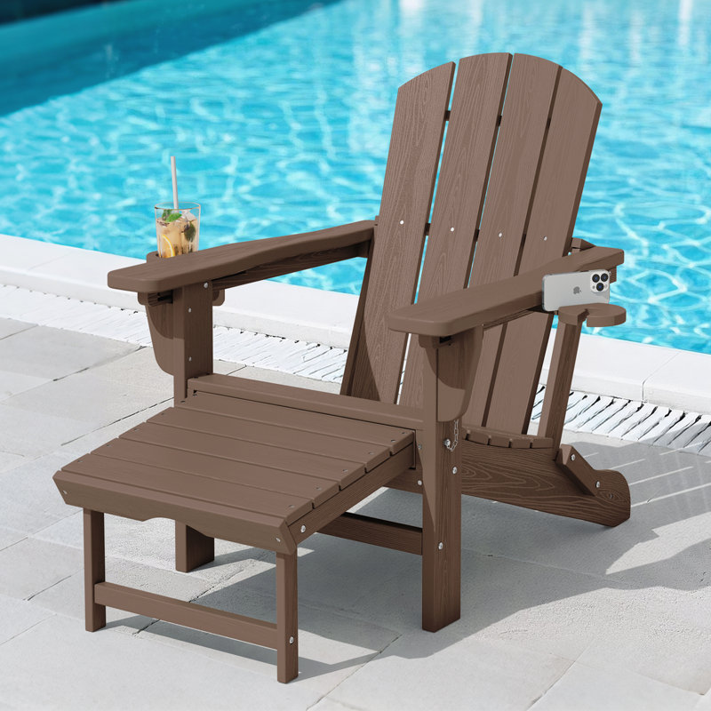 HDPE Foldable Adjustable Outdoor Adirondack Chair With Ottoman and Double Cup Holder, Brown
