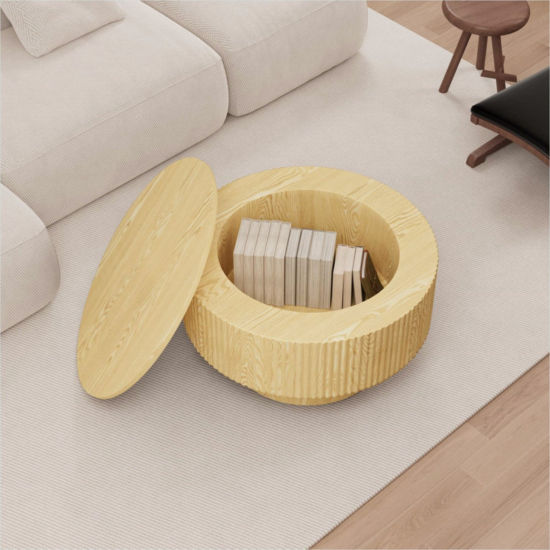 Table basse 29,53 pouces en panneau de fibres à densité moyenne ronde avec motif à rayures circulaires et rangement dissimulé, finition naturelle