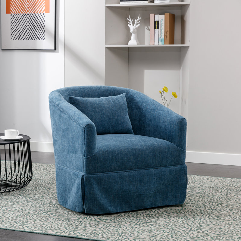 360-Degree Swivel Upholstered Armchair with Accent Pillow, Blue Linen Blend