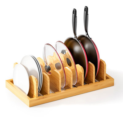 Bamboo Pot Lid Organizer Pot Lid Holder, Cutting Boards & Baking Sheets, Dinner Plates, Reusable Containers In Cabinet Storage