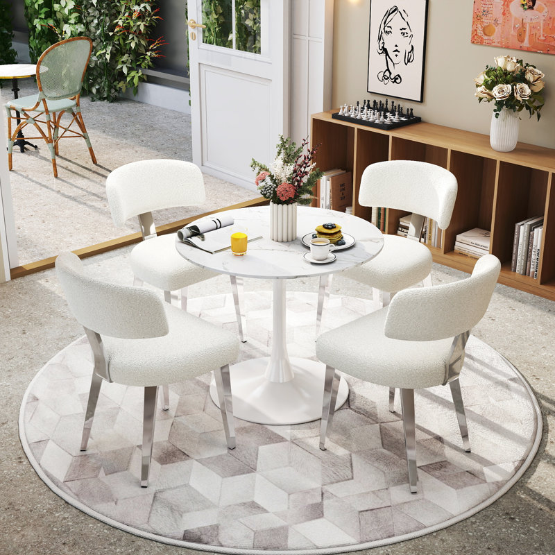 Tulip Dining Set, Marble Pattern Table With 2/4 Modern Boucle Chairs For Dining Room, Kitchen, White, White