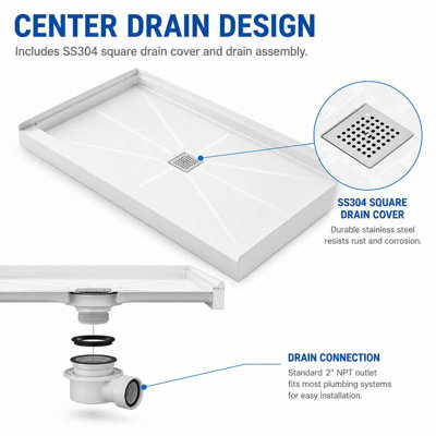 Luxury White Shower Base with Center Drain & Textured Non-Slip Floor
