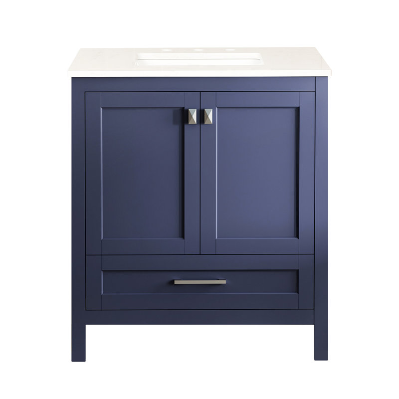 Meuble-lavabo de salle de bain 30 po bleu marine - entièrement assemblé. Comptoir en marbre. Structure en bois massif. Portes. Décoration. Profondeur: 30,99 po x largeur 18,55 po, hauteur 33,01 po. Bois: 91,96 lb, quincaillerie.