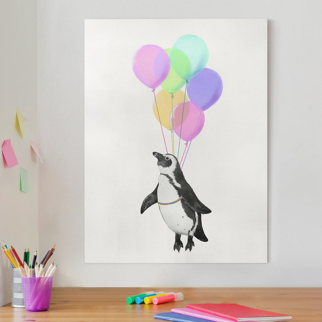 Leinwandbild Illustration eines Pinguins Pastell Luftballons von Laura Graves