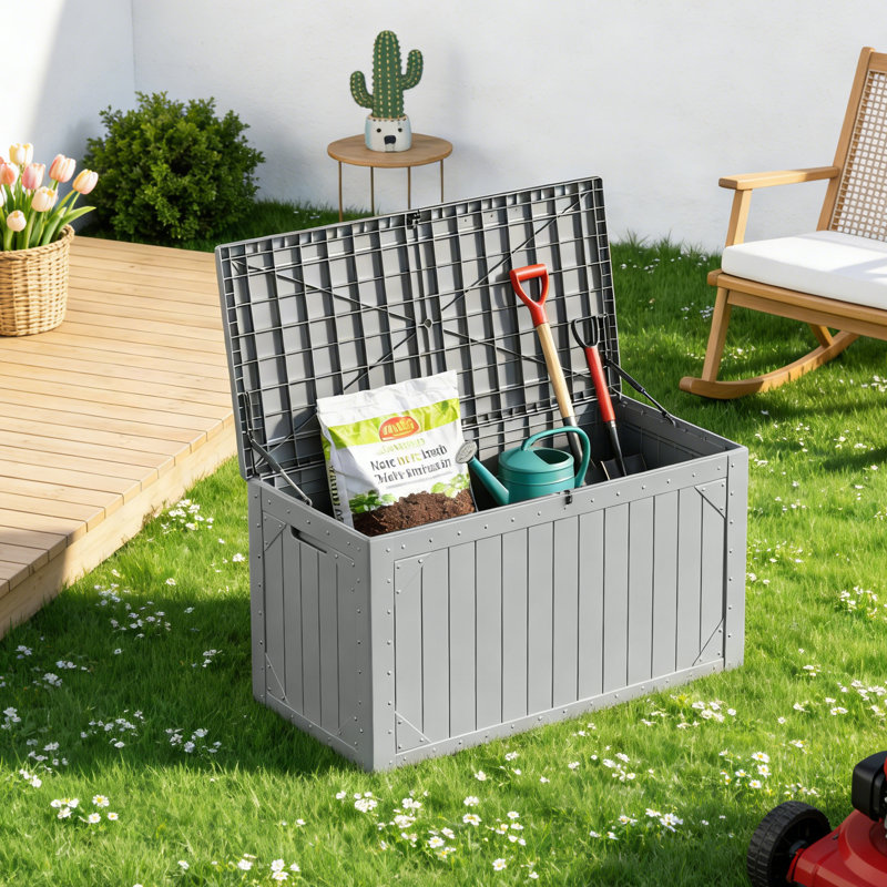 100 Gallon Resin Outdoor Storage Box, Waterproof Lockable Deck Box, All-Weather Patio Storage Container,Grey 