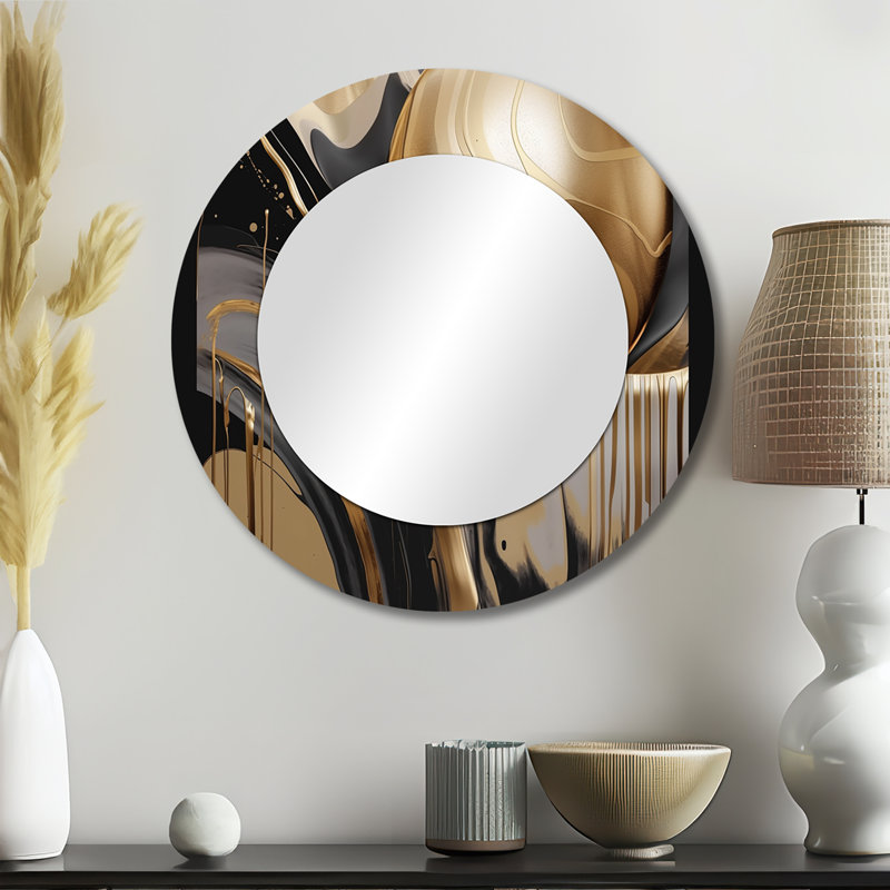 Rabush Gold And Black Captivating Marble IV - Marble Wall Mirror, Modern Round Decorative Mirror, Printed Metal Art