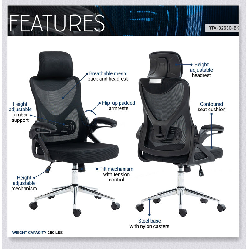 Chaise de bureau ergonomique essentielle avec appui-tête et soutien lombaire réglables, idéale pour le confort et une bonne posture.