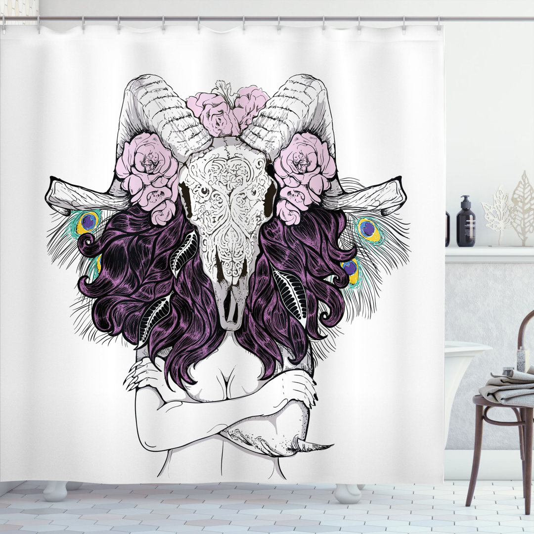 Tribal Horned Goat Head and Peacock Feather Mystic Voodoo Pattern Shower Curtain Set East Urban Home 