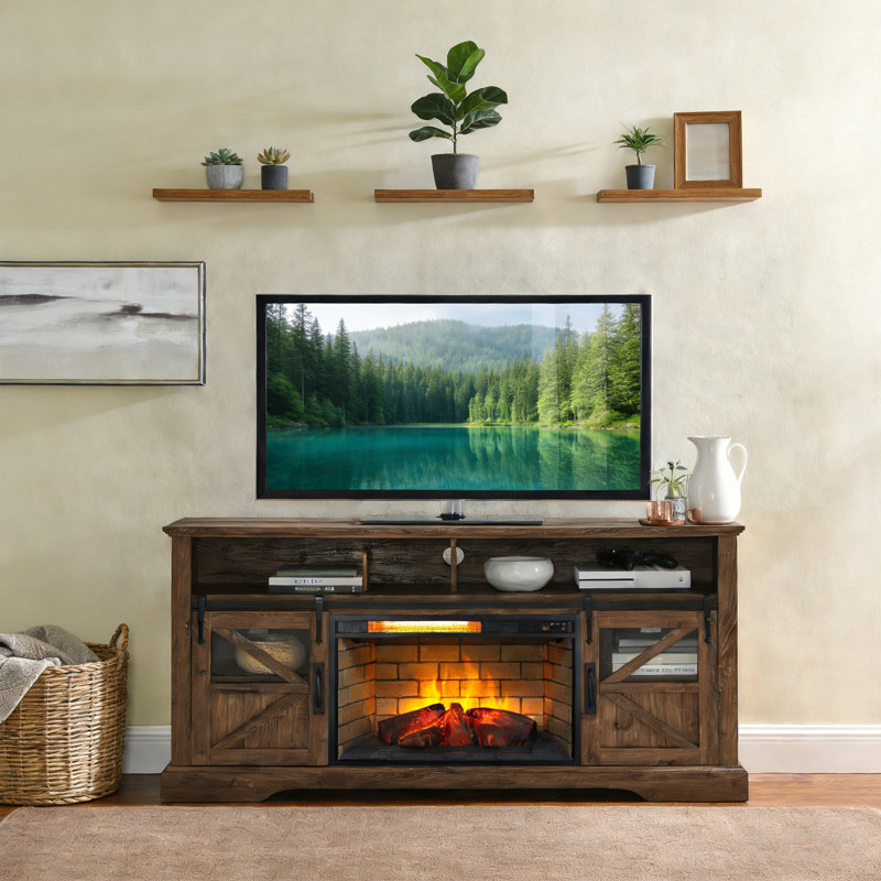 26" Electric Fireplace Insert With Infrared Quartz Heater - Wood Log Version, Brick Backdrop For Wall Installation