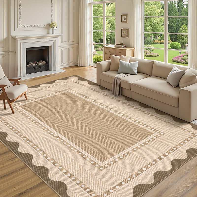 Washable Scalloped Area Rugs Living Room Rug Non Slip Stain-Resistant Rug for Bedroom Dining Room Home Office Linen