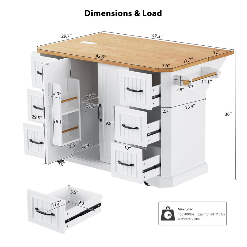 Kitchen Island with Rubber Wood Drop Leaf, White