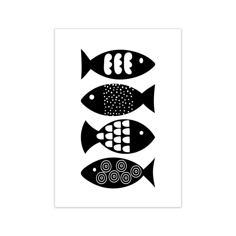 Black And White Scandi Fish - Print, 42cm H x 30cm W x 1cm D, No Frame